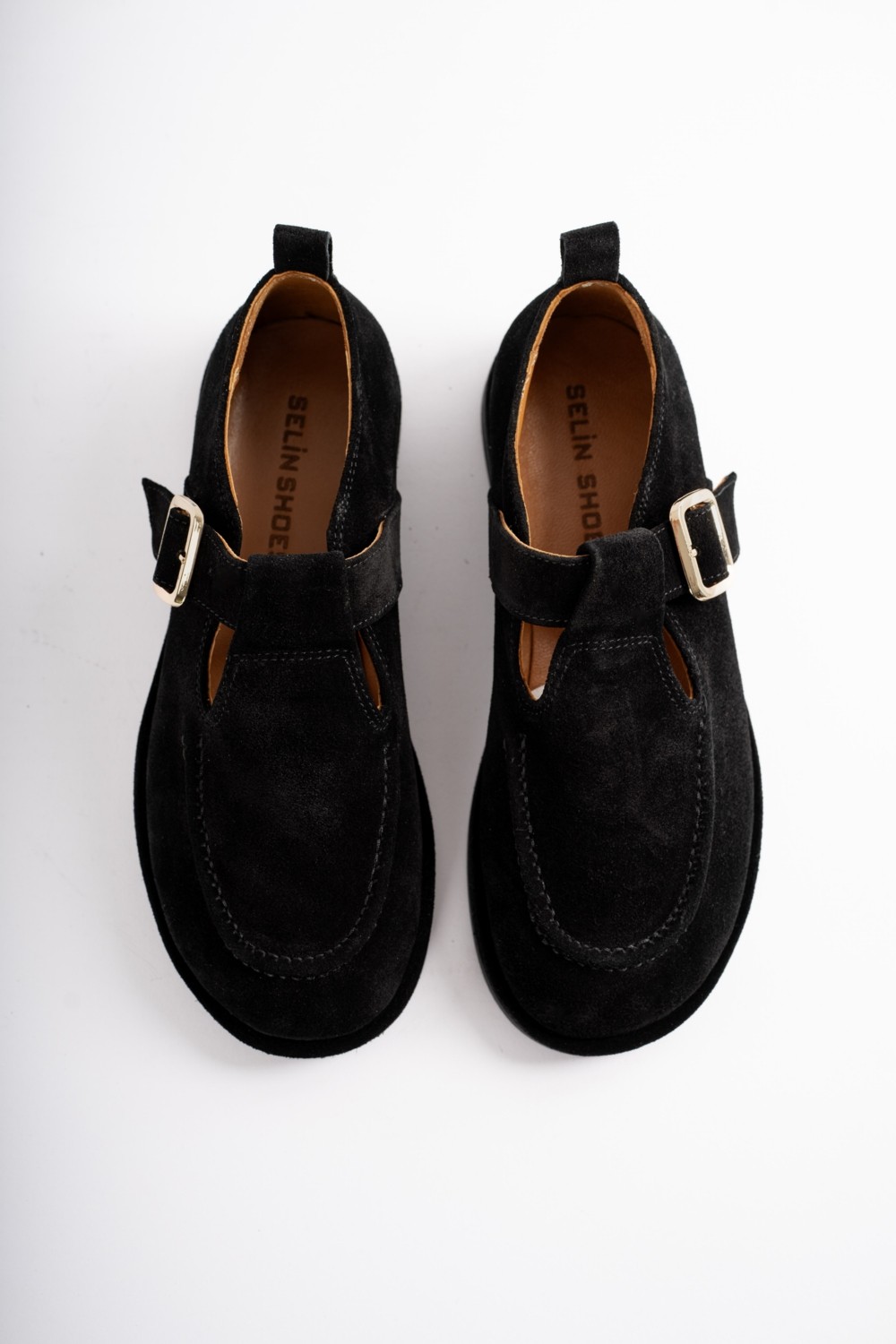 Selin Shoes Cassiel Hakiki Deri Gold Ayarlanabilir Toka Detaylı Kadın Loafer- Siyah Süet