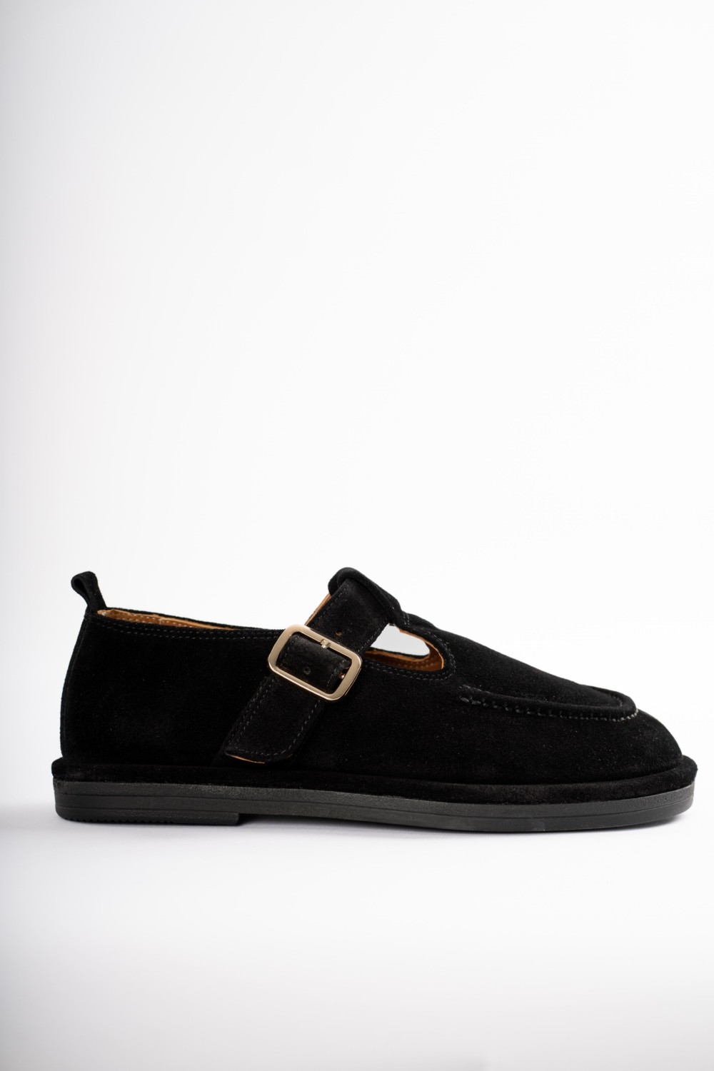 Selin Shoes Cassiel Hakiki Deri Gold Ayarlanabilir Toka Detaylı Kadın Loafer- Siyah Süet görsel 2
