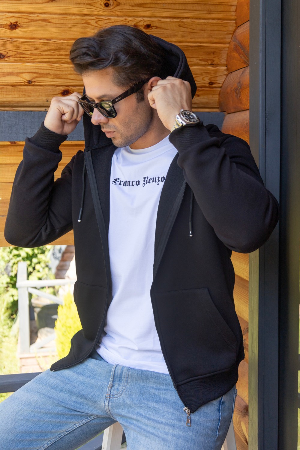 Franco Renzo Kapüşonlu Boydan Fermuarlı 3 Iplik Şardonlu Pamuklu Sweatshirt görsel 5