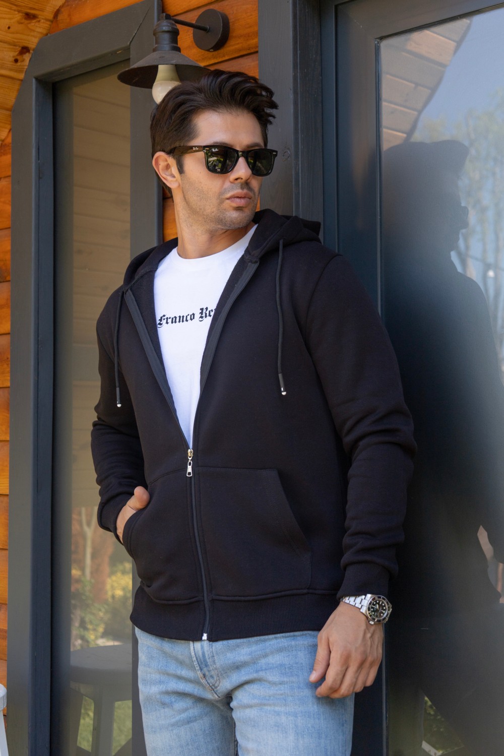 Franco Renzo Kapüşonlu Boydan Fermuarlı 3 Iplik Şardonlu Pamuklu Sweatshirt görsel 6