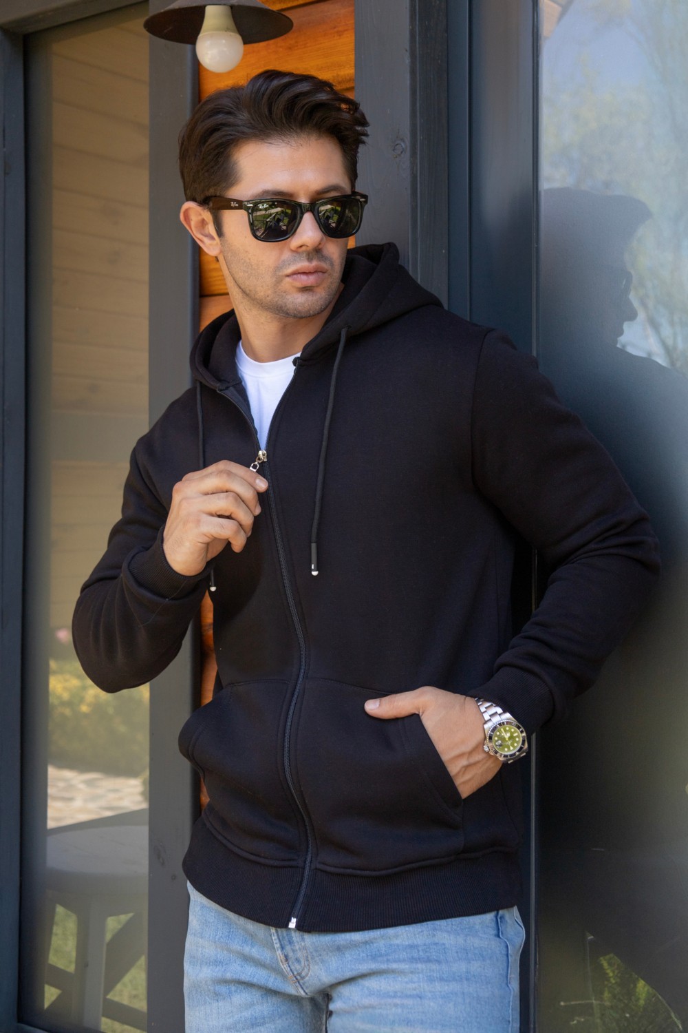 Franco Renzo Kapüşonlu Boydan Fermuarlı 3 Iplik Şardonlu Pamuklu Sweatshirt görsel 7