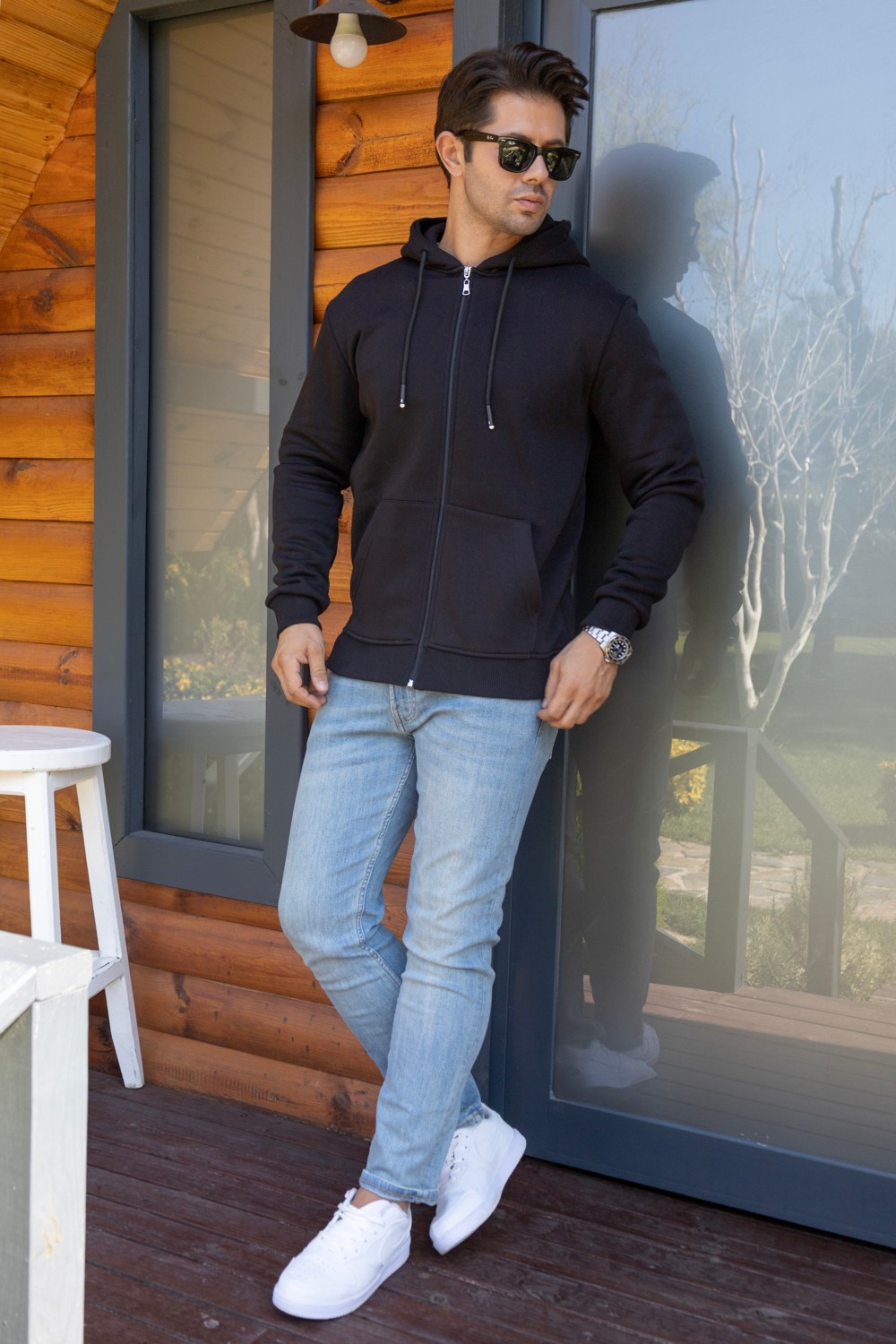 Franco Renzo Kapüşonlu Boydan Fermuarlı 3 Iplik Şardonlu Pamuklu Sweatshirt görsel 8