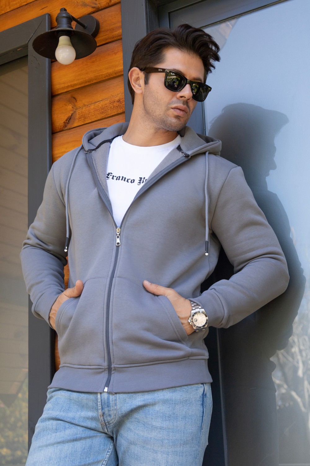 Franco Renzo Kapüşonlu Boydan Fermuarlı 3 Iplik Şardonlu Pamuklu Sweatshirt