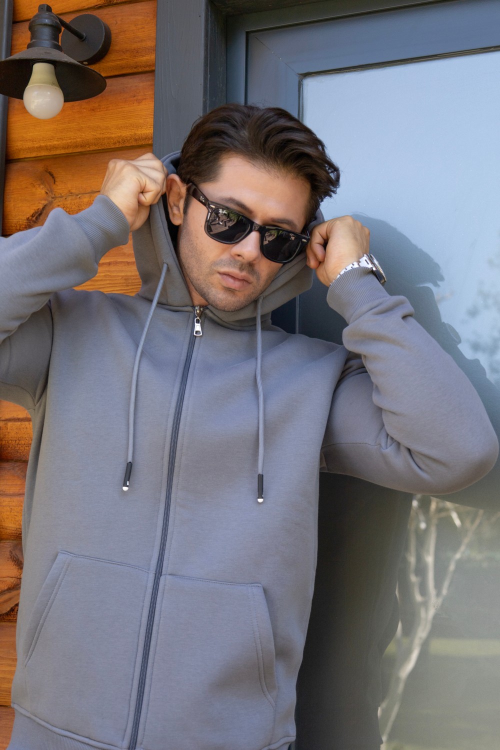 Franco Renzo Kapüşonlu Boydan Fermuarlı 3 Iplik Şardonlu Pamuklu Sweatshirt görsel 2