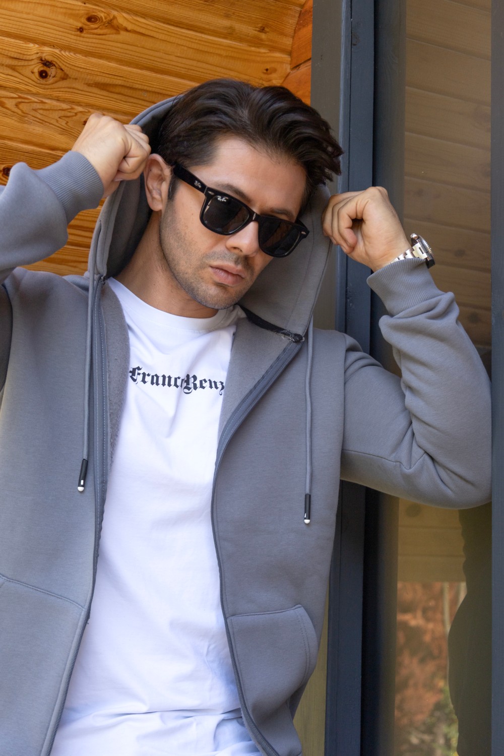 Franco Renzo Kapüşonlu Boydan Fermuarlı 3 Iplik Şardonlu Pamuklu Sweatshirt görsel 3