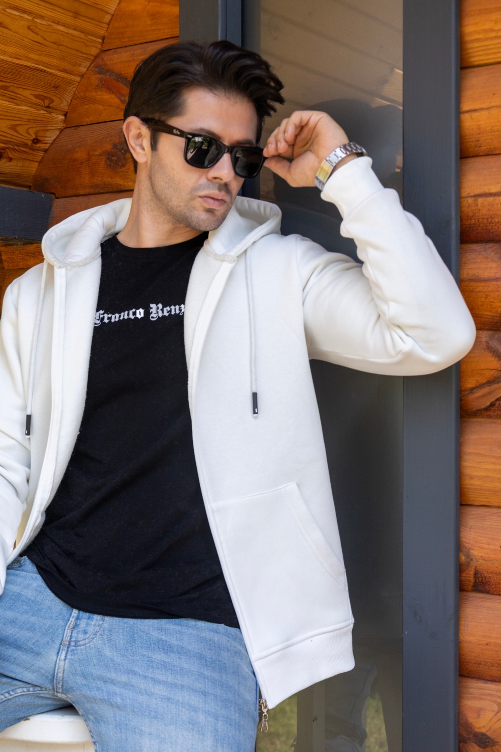Franco Renzo Kapüşonlu Boydan Fermuarlı 3 Iplik Şardonlu Pamuklu Sweatshirt