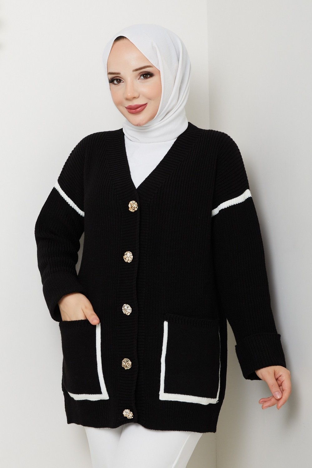 Pamuk Butik Kadın Şerit Detaylı Cepli Selanik Örgü Salaş Triko Hırka -PMK440 görsel 2