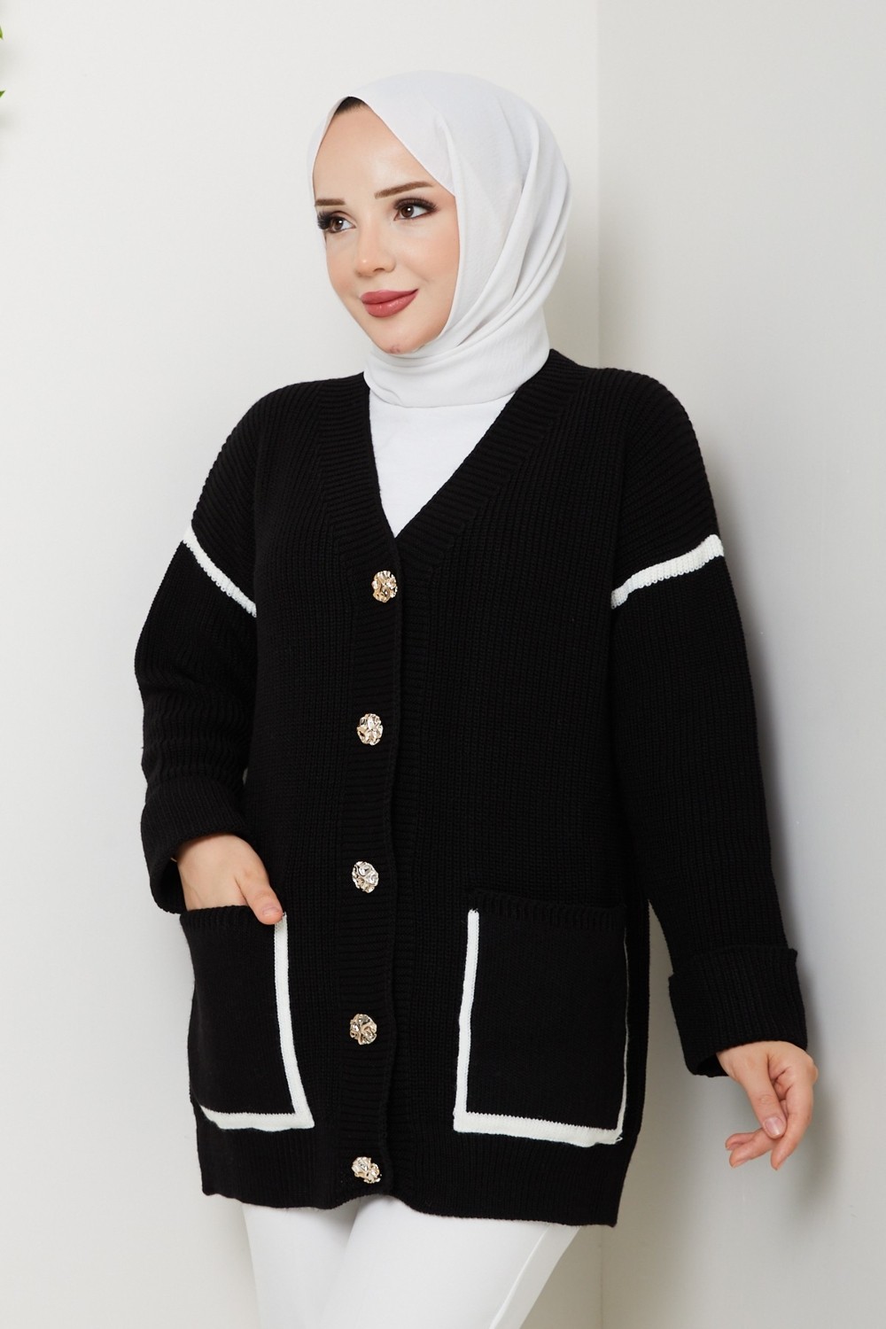 Pamuk Butik Kadın Şerit Detaylı Cepli Selanik Örgü Salaş Triko Hırka -PMK440 görsel 5