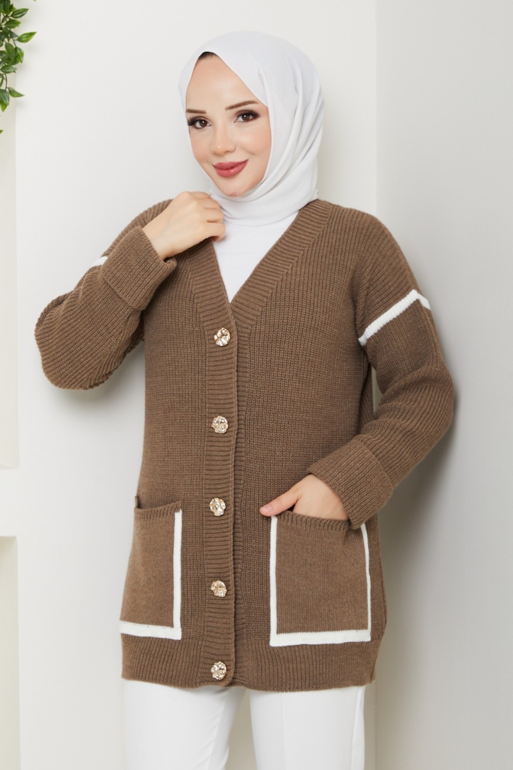 Pamuk Butik Kadın Şerit Detaylı Cepli Selanik Örgü Salaş Triko Hırka -PMK440 görsel 6