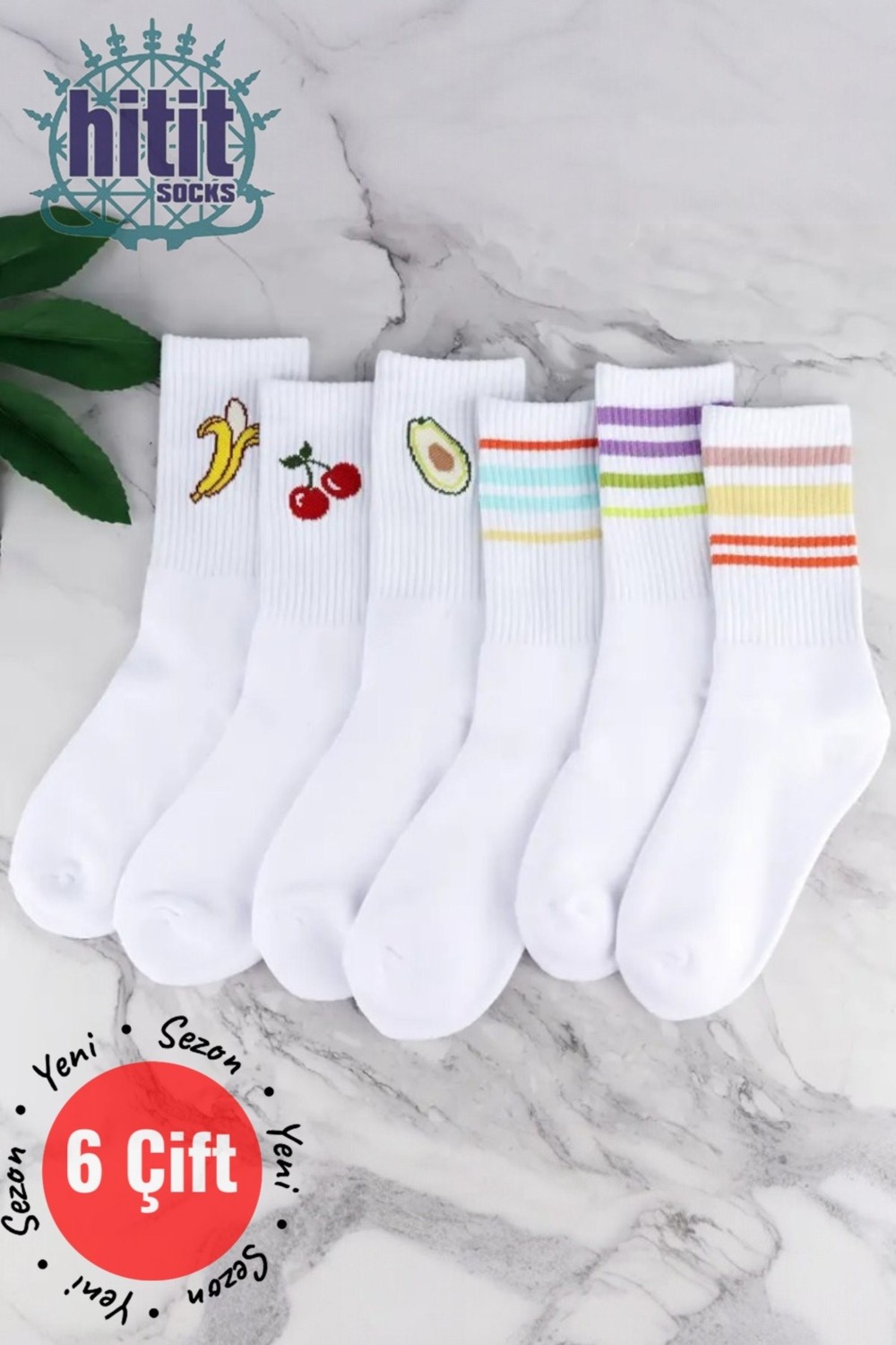 Hitit Socks Kadın 6 Çift Premium Kalite Renkli Çizgili ve Meyve Desenli Nefes Alabilen Tenis Çorabı