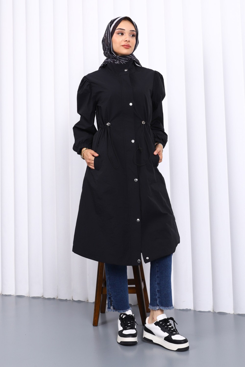 İmaj Butik Siyah Çıtçıtlı Bel Lastikli Trençkot görsel 6
