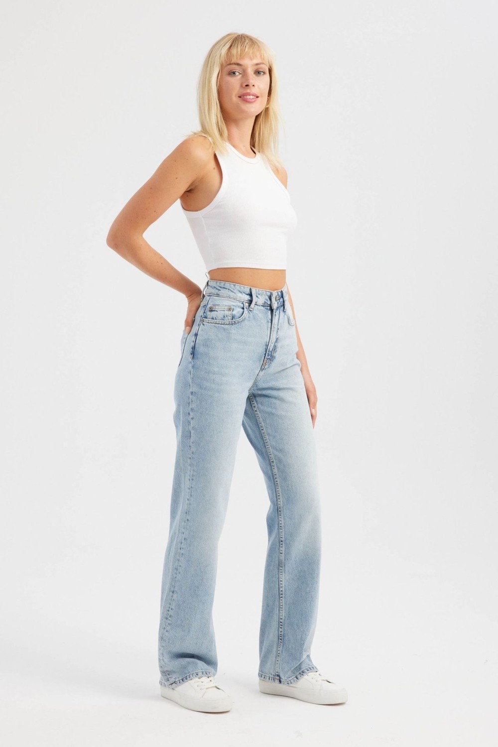 Hiccup Kadınlar Yüksek Bel Straight Kot Pantolon Açık Mavi Denim görsel 8