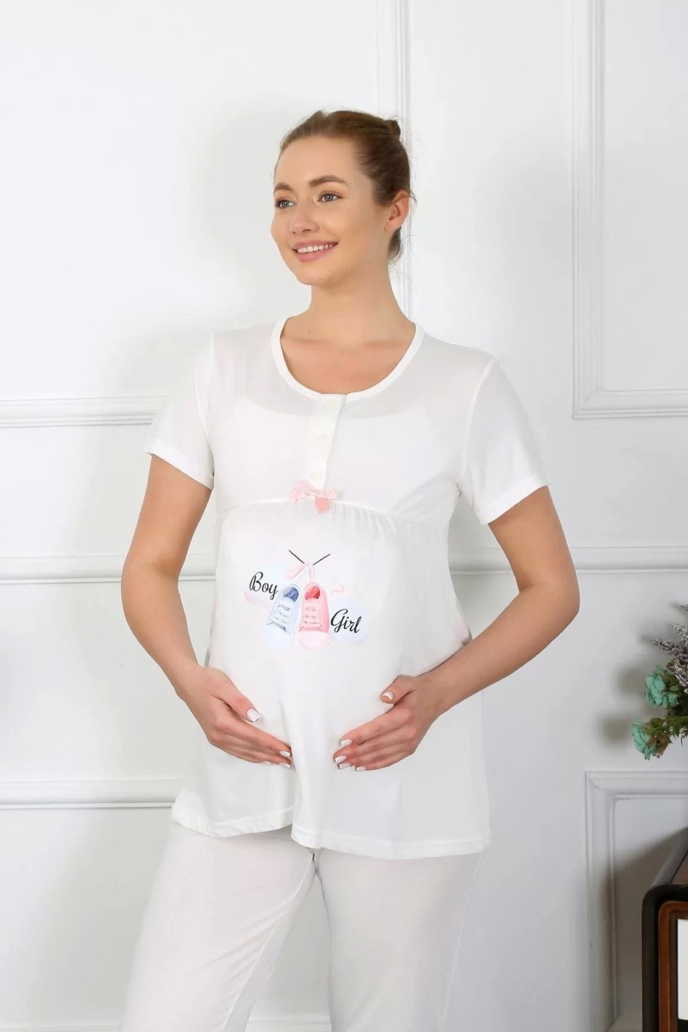 Çamaşır Kenti Kadın Kısa Kol Hamile Lohusa Pijama Takımı Ekru görsel 2