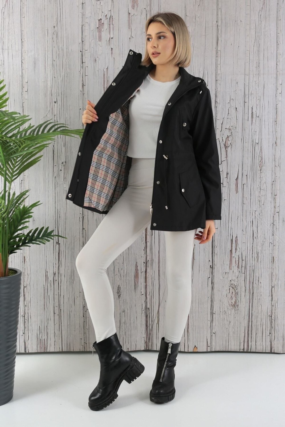 TUTveAL Collection Kadın Suya Dayanıklı Trençkot Kapüşonlu Ekoseli Vizon Trençkot Bonded Kumaş Trençkot
