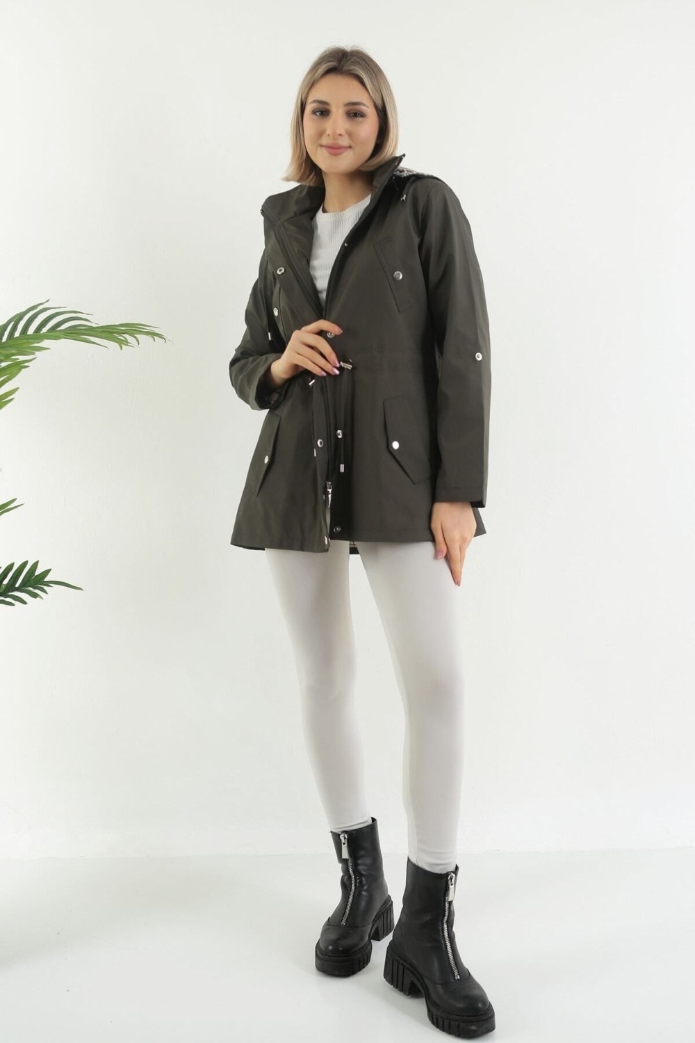 TUTveAL Collection Kadın Suya Dayanıklı Trençkot Kapüşonlu Ekoseli Vizon Trençkot Bonded Kumaş Trençkot