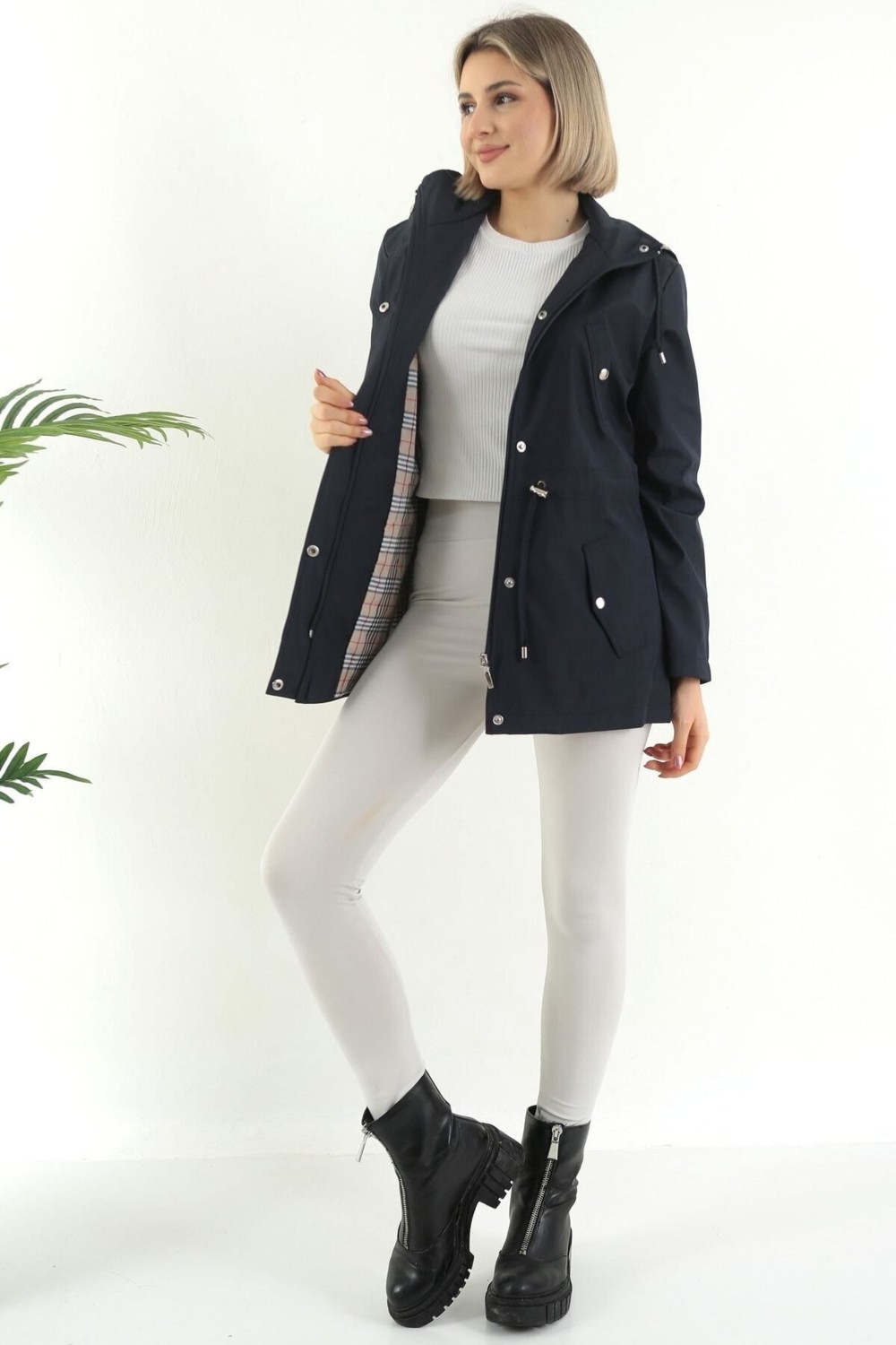 TUTveAL Collection Kadın Suya Dayanıklı Trençkot Kapüşonlu Ekoseli Vizon Trençkot Bonded Kumaş Trençkot
