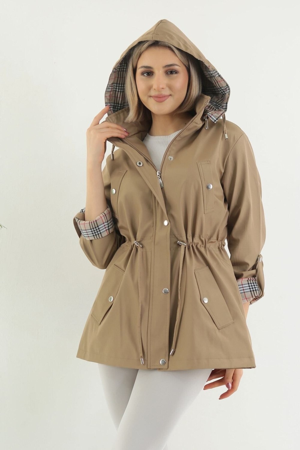 TUTveAL Collection Kadın Suya Dayanıklı Trençkot Kapüşonlu Ekoseli Vizon Trençkot Bonded Kumaş Trençkot görsel 5
