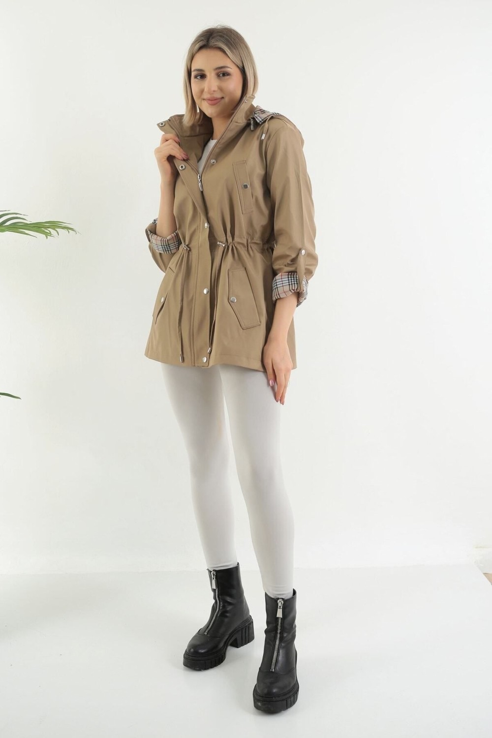 TUTveAL Collection Kadın Suya Dayanıklı Trençkot Kapüşonlu Ekoseli Vizon Trençkot Bonded Kumaş Trençkot görsel 6