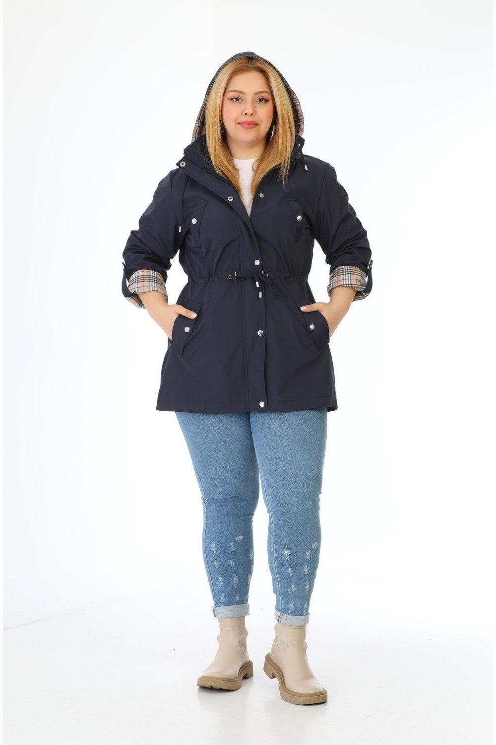 TUTveAL Collection Kadın Suya Dayanıklı Büyük Beden Trençkot Kapüşonlu Ekoseli Haki Trençkot Bonded Kumaş Trençkot görsel 8