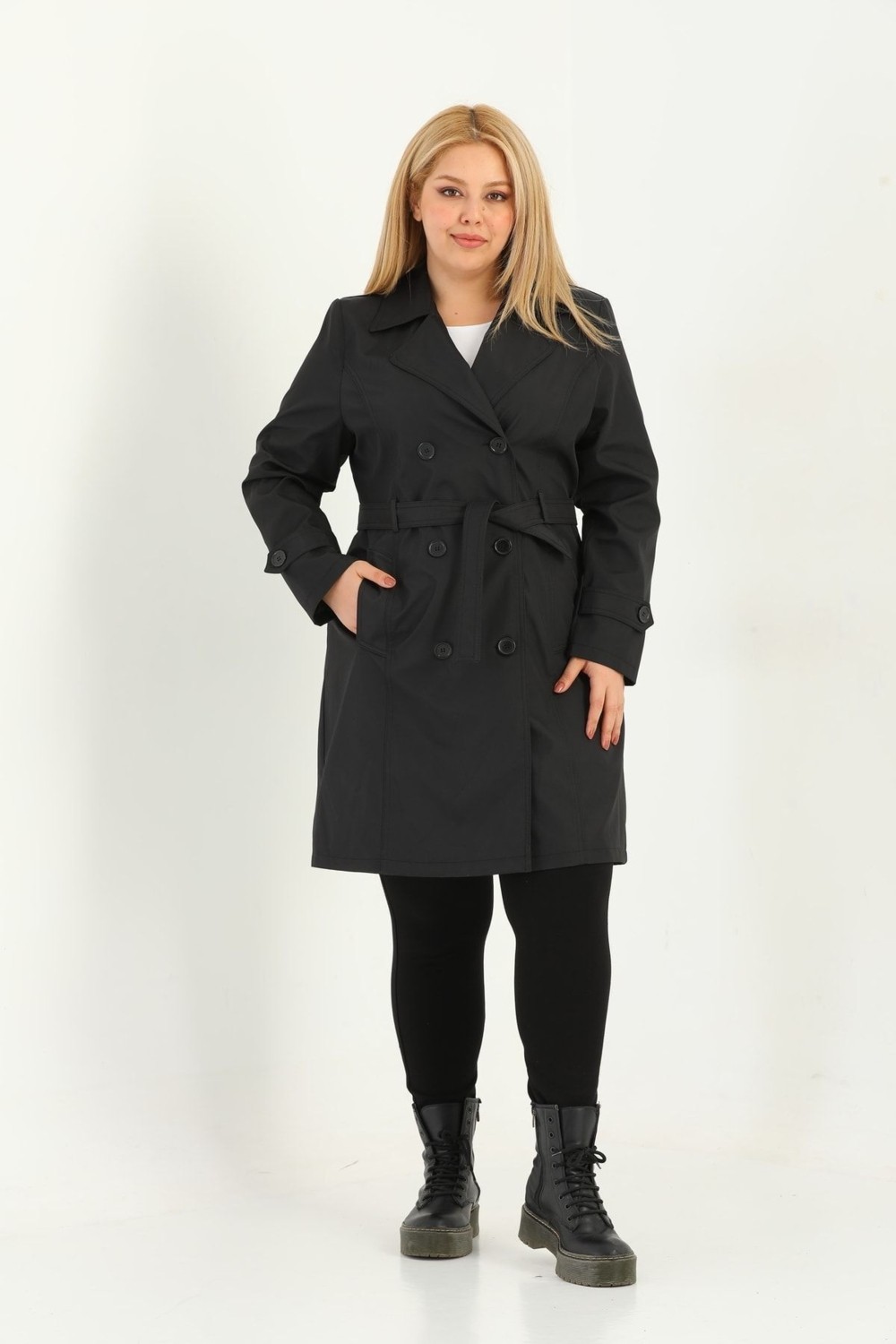 TUTveAL Collection Kadın Suya Dayanıklı Büyük Beden Trençkot Kemerli Kruvaze Trençkot Bonded Kumaş Astarlı Lacivert görsel 7