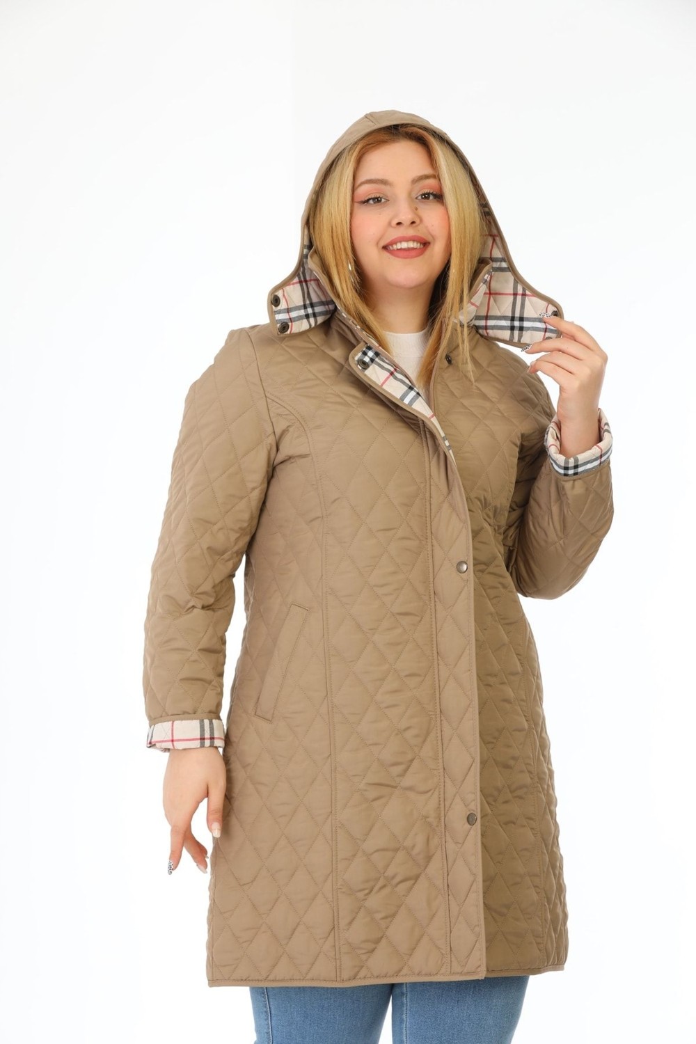 TUTveAL Collection Kadın Uzun Suya Dayanıklı Kapitone Kapüşonlu Kapitone Mont Büyük Beden Kapitone Ekoseli Kapitone görsel 8