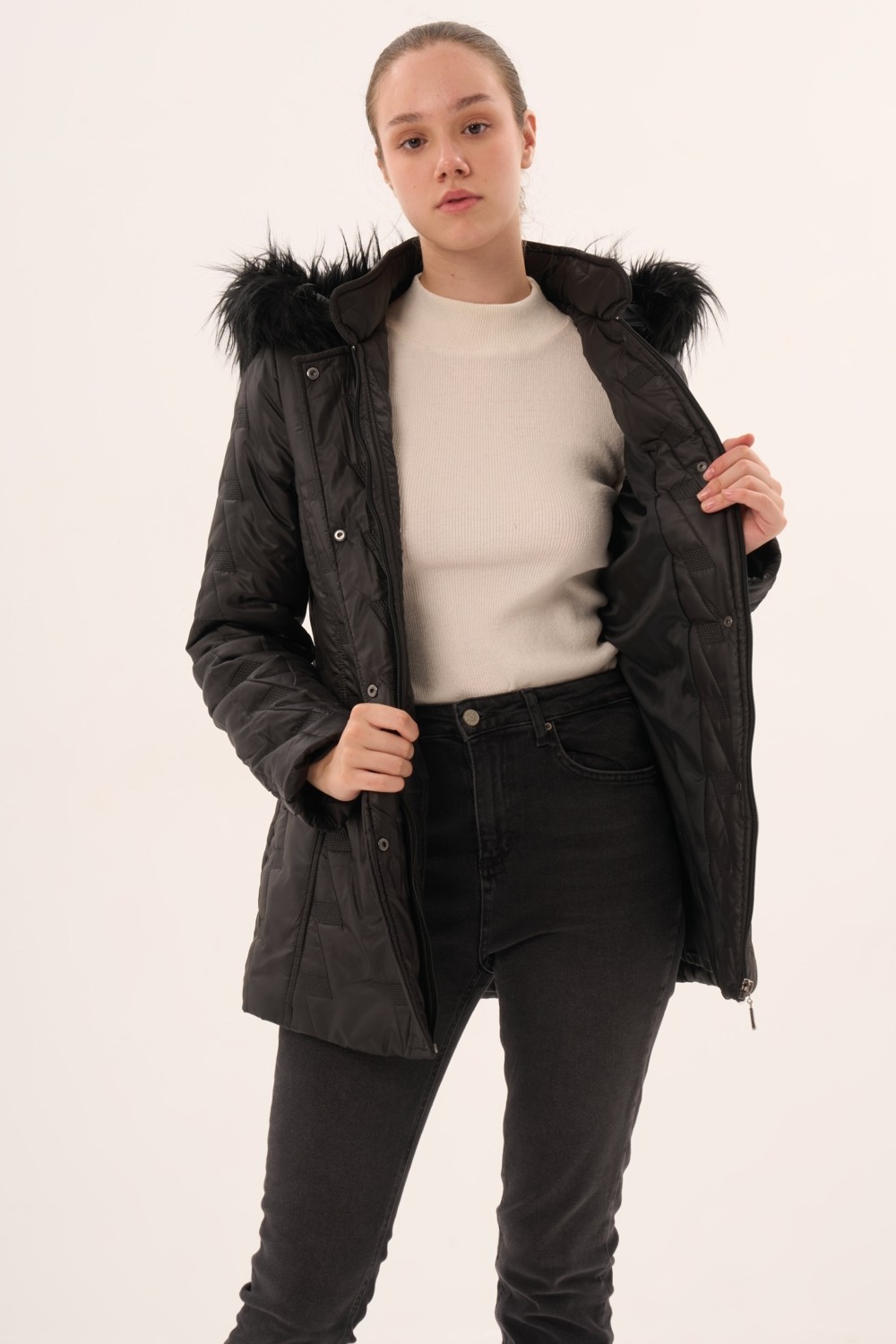 Veger Collection Veger Özel Desen Kapüşonlu Kapitone Mont görsel 4