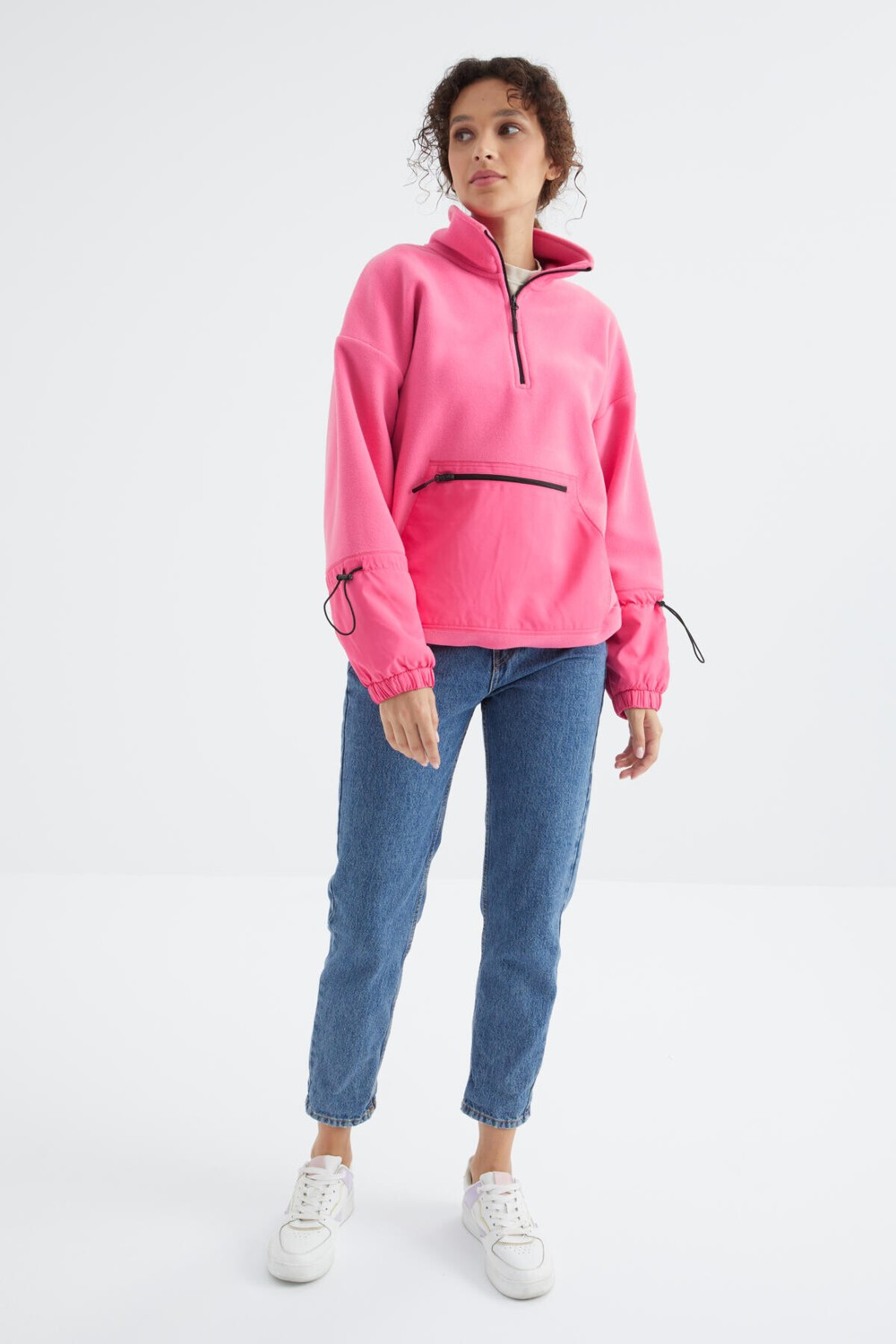 Tommy Life Deniz Yeşili Etek Ucu Büzgülü Yarım Fermuarlı Oversize Kadın Polar Sweatshirt - 97238 görsel 5