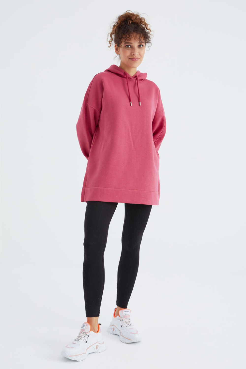 Tommy Life Ekru Reglan Kol Basic Kapüşonlu Oversize Sweatshirt Tunik - 97242 görsel 5