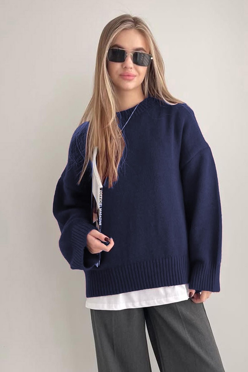 Madmext Kadın Kırmızı Oversize Triko Kazak Fermuarlı Yaka Günlük Stil MG1972