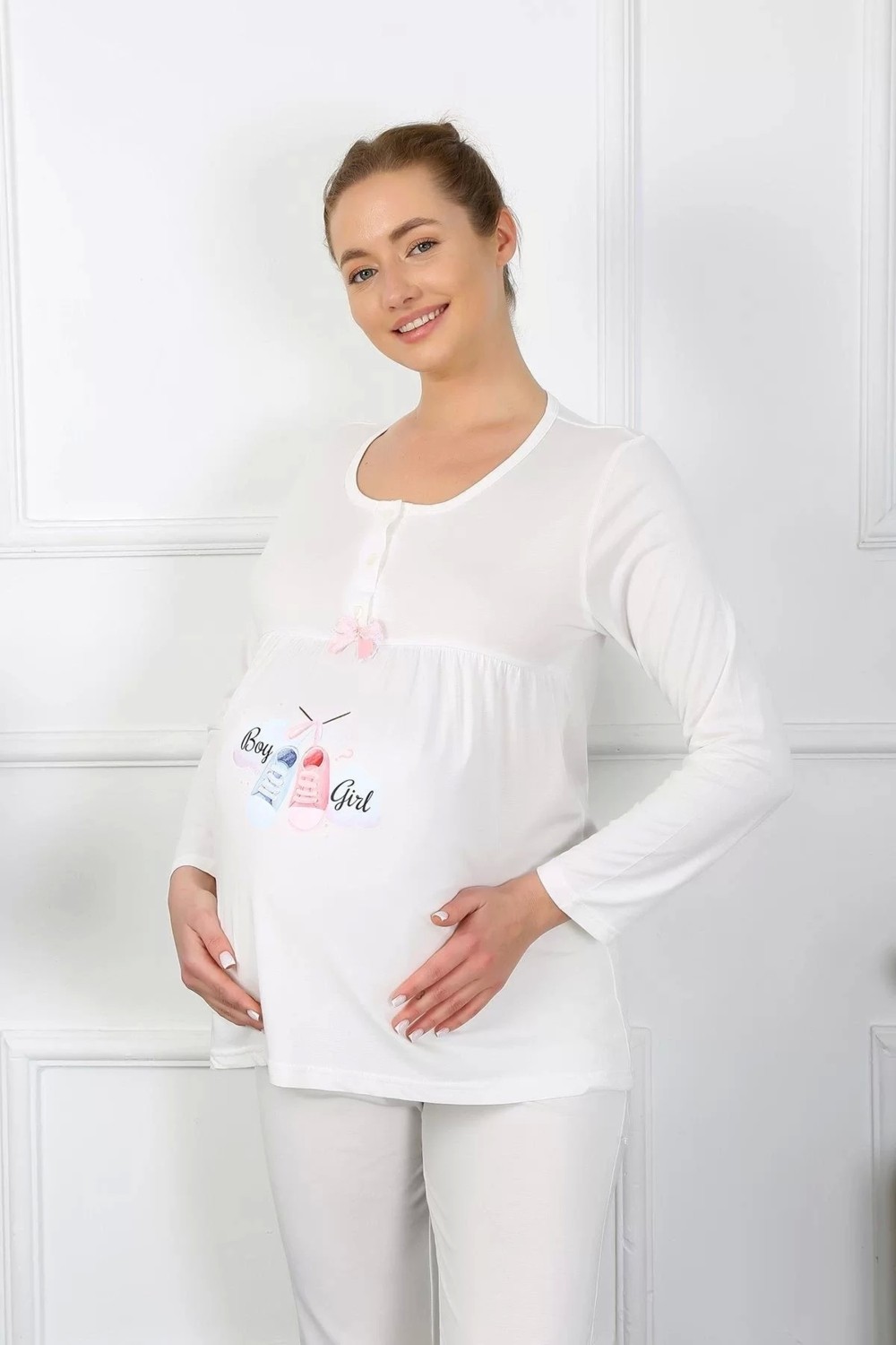 Nemere Kadın Uzun Kol Hamile Lohusa Pijama Takımı Ekru