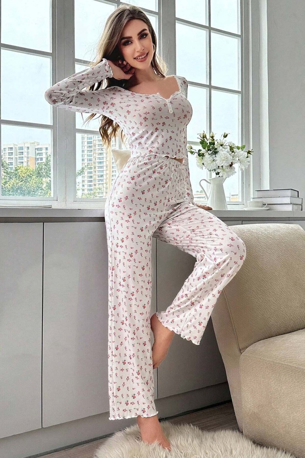 Merry See Çiçek Desenli Uzun Kollu Pijama Takımı görsel 5