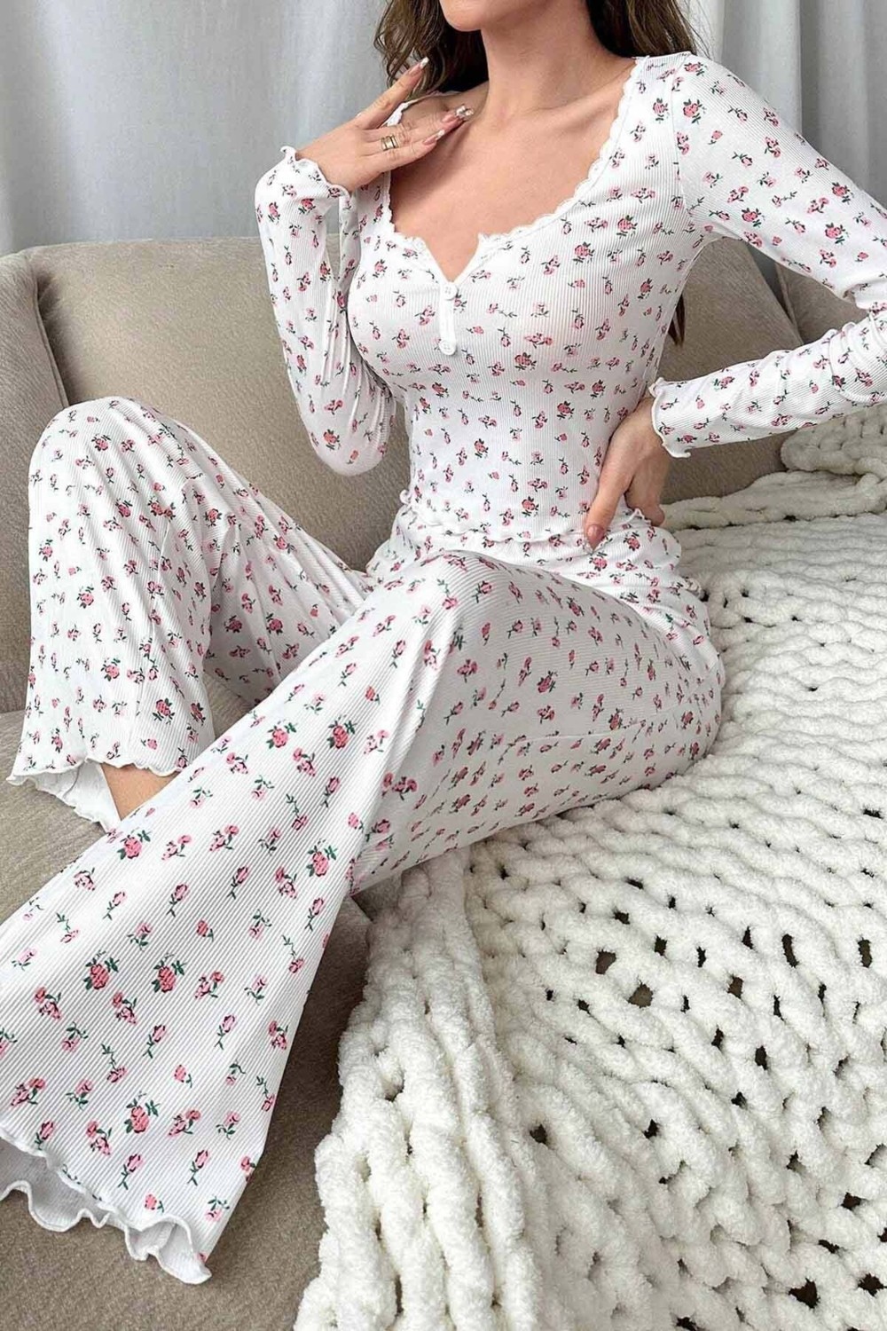 Merry See Çiçek Desenli Uzun Kollu Pijama Takımı görsel 7