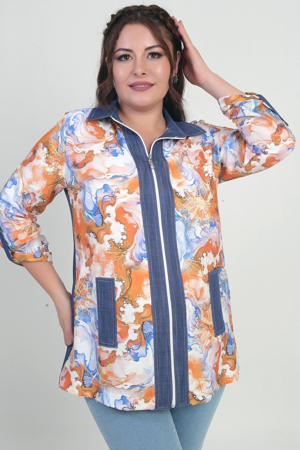 By Saygı Kadın Önü Fermuarlı Desenli Büyük Beden Kot Gömlek görsel 4