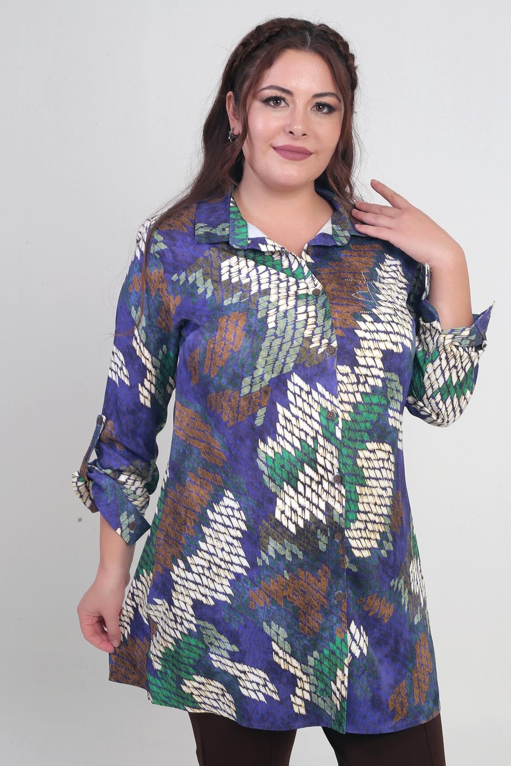 By Saygı Kadın Batik Desenli Büyük Beden Krep Saten Uzun Gömlek görsel 2