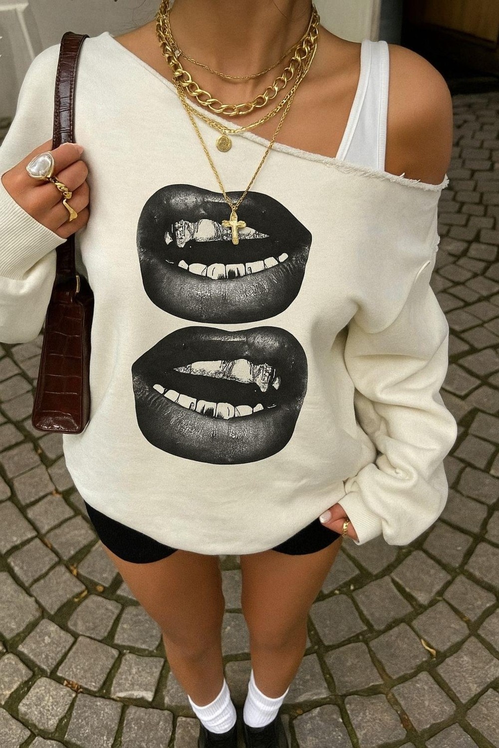 Afri Kadın Düz Ekru Oversize Sweatshirt Sokak Stili, Rahat Kesim
