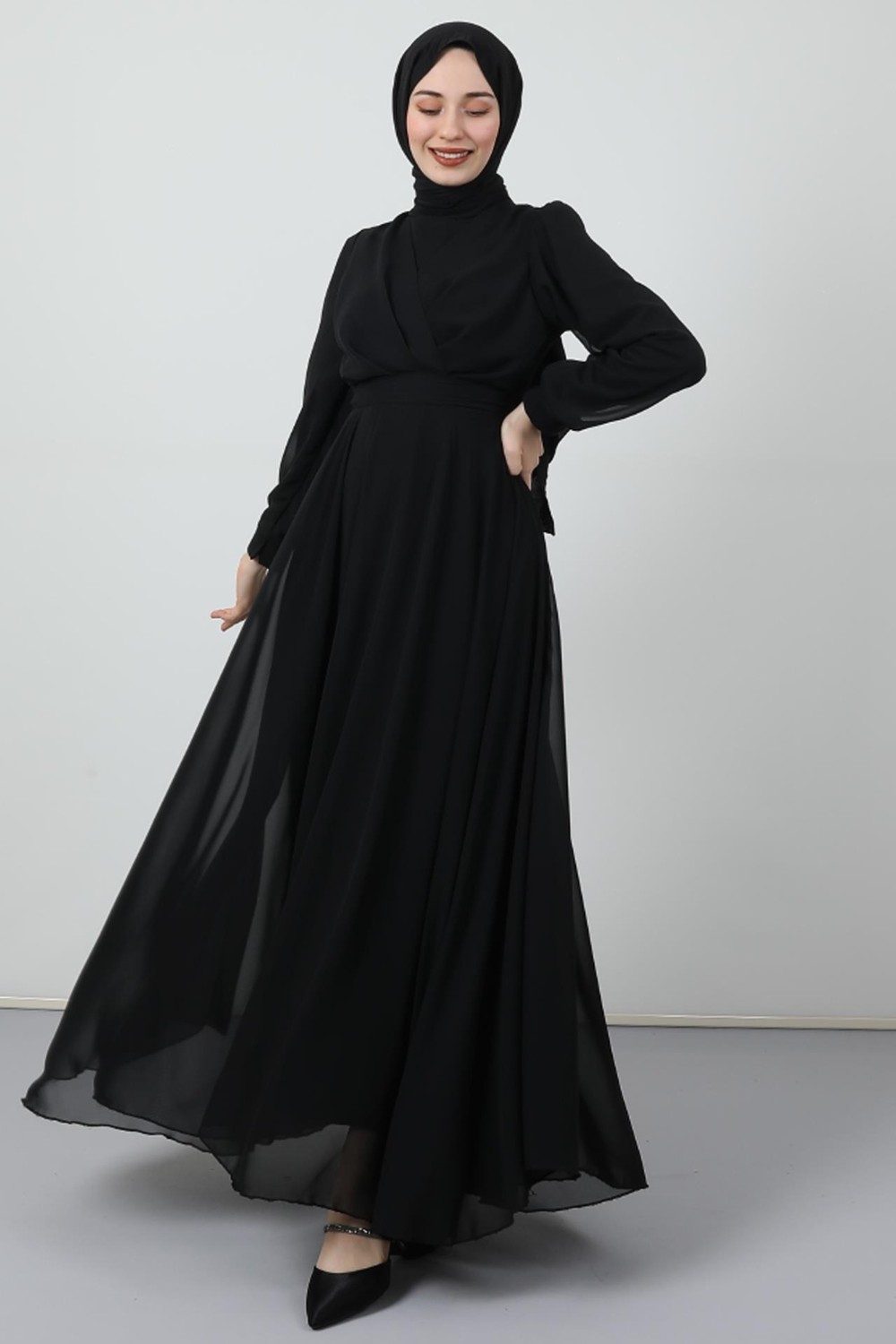 Giza Store Önü Çapraz Şifon Elbise Siyah görsel 2