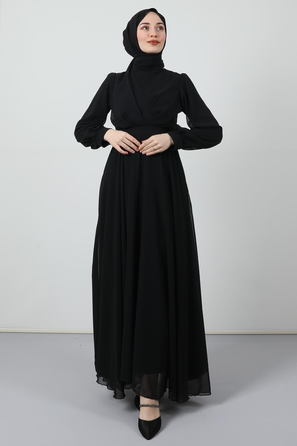 Giza Store Önü Çapraz Şifon Elbise Siyah görsel 3