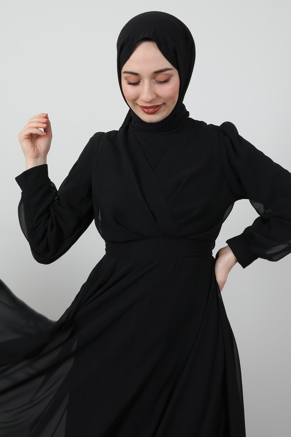 Giza Store Önü Çapraz Şifon Elbise Siyah görsel 5