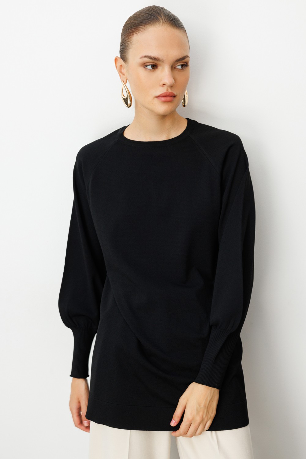 Mizalle Balon Kollu Rayon Lacivert Tunik görsel 3