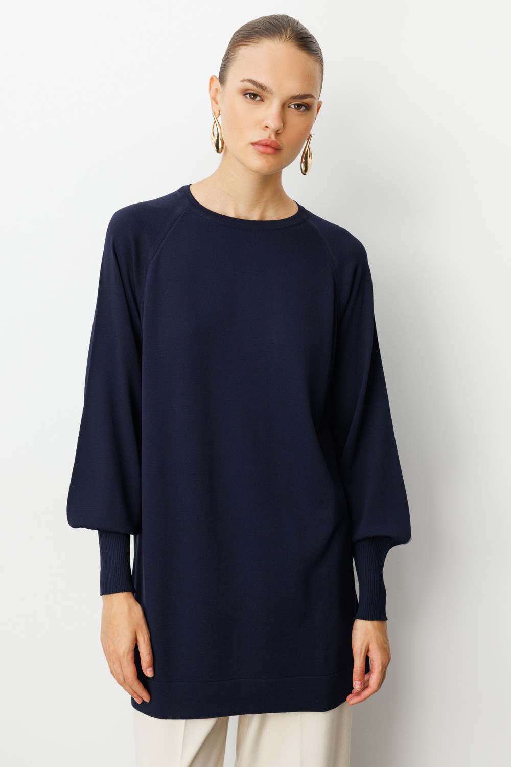 Mizalle Balon Kollu Rayon Lacivert Tunik görsel 6