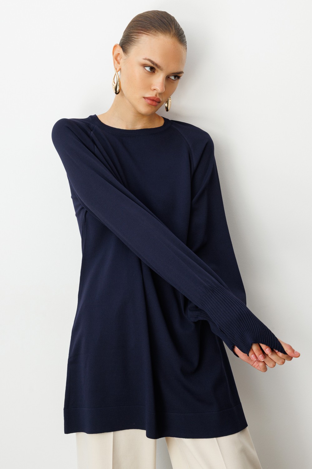 Mizalle Balon Kollu Rayon Lacivert Tunik görsel 7