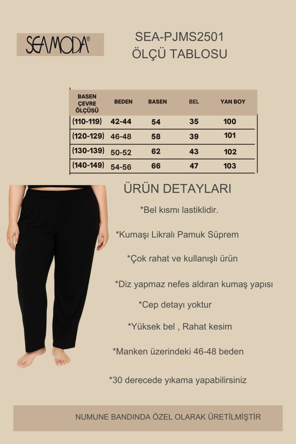Büyük Beden Pamuklu Likralı Beli Lastikli Cepsiz Pijama Altı-Siyah görsel 3