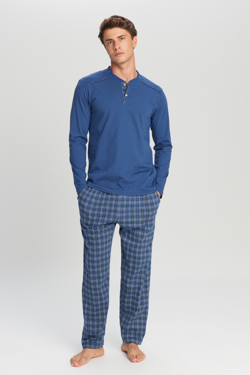 Altınyıldız Classics Erkek İndigo %100 Pamuk Standart Fit Hakim Yaka Desenli Cepli Pijama Takımı Damat Bohçası Seti