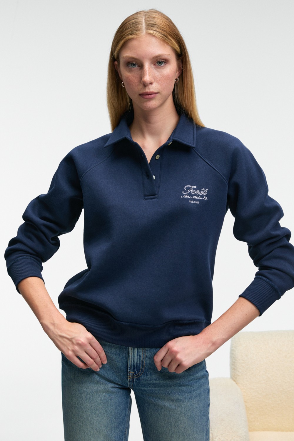 Grimelange CAMIREL Kadın Polo Yaka Düğmeli Nakış Detaylı Reglan Kol Comfort Fit Lacivert Sweatshirt