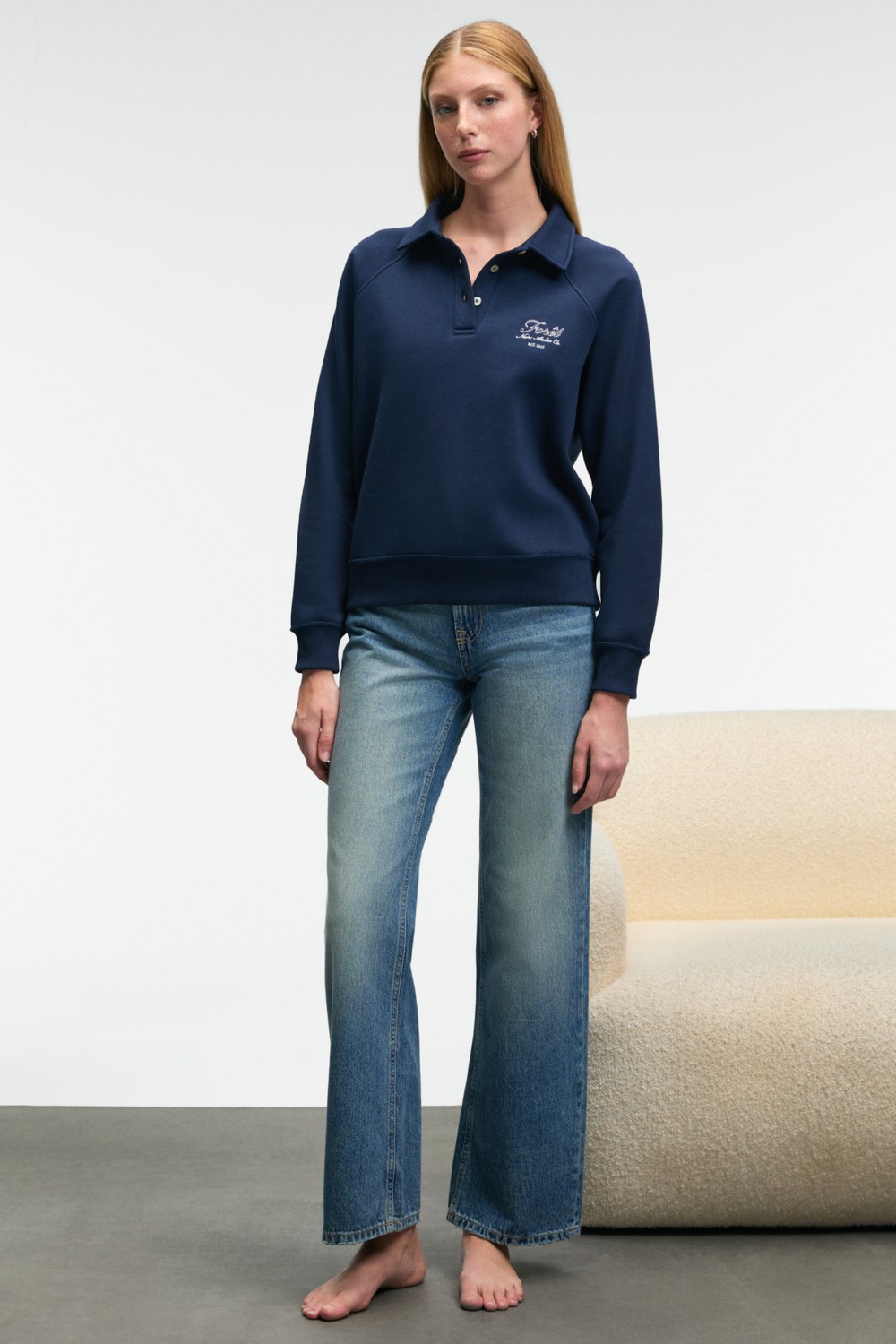 Grimelange CAMIREL Kadın Polo Yaka Düğmeli Nakış Detaylı Reglan Kol Comfort Fit Lacivert Sweatshirt görsel 2
