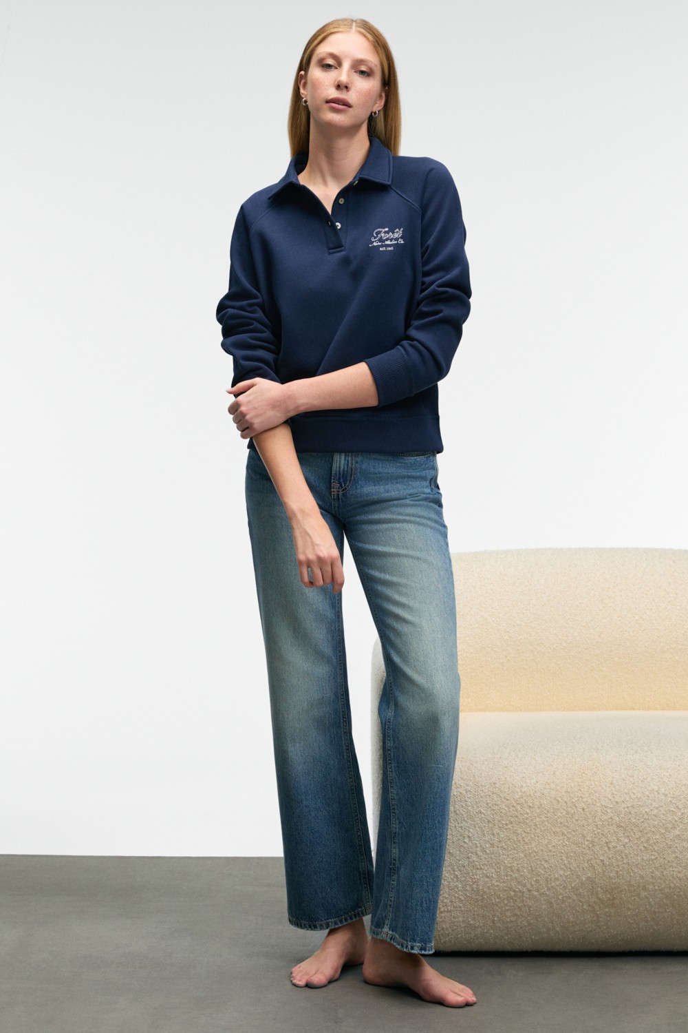 Grimelange CAMIREL Kadın Polo Yaka Düğmeli Nakış Detaylı Reglan Kol Comfort Fit Lacivert Sweatshirt görsel 5