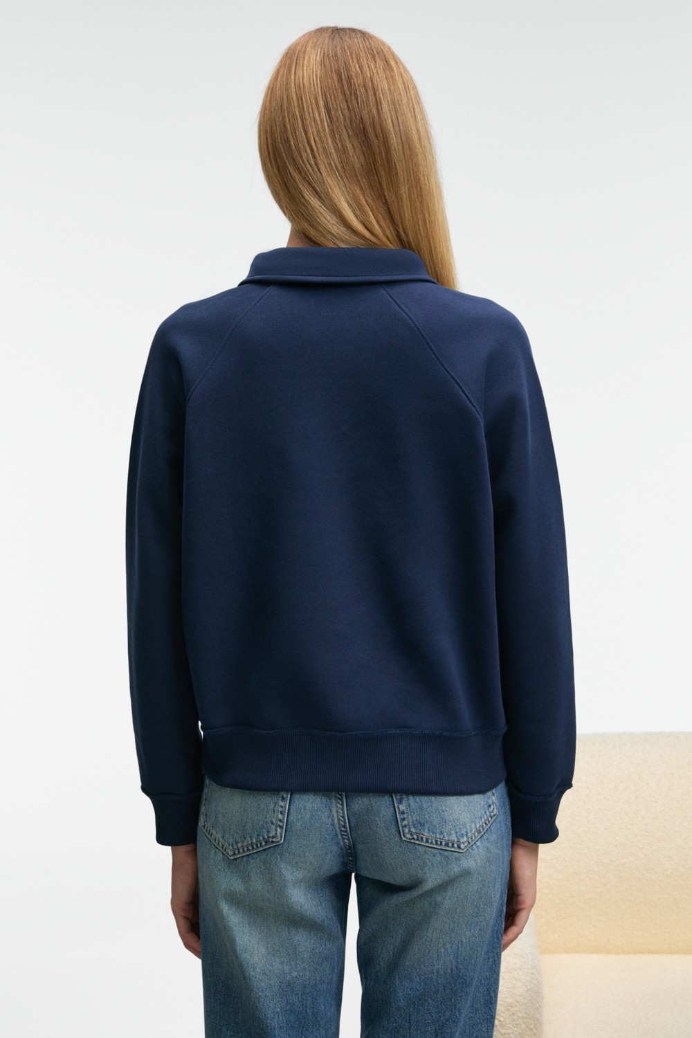 Grimelange CAMIREL Kadın Polo Yaka Düğmeli Nakış Detaylı Reglan Kol Comfort Fit Lacivert Sweatshirt görsel 6