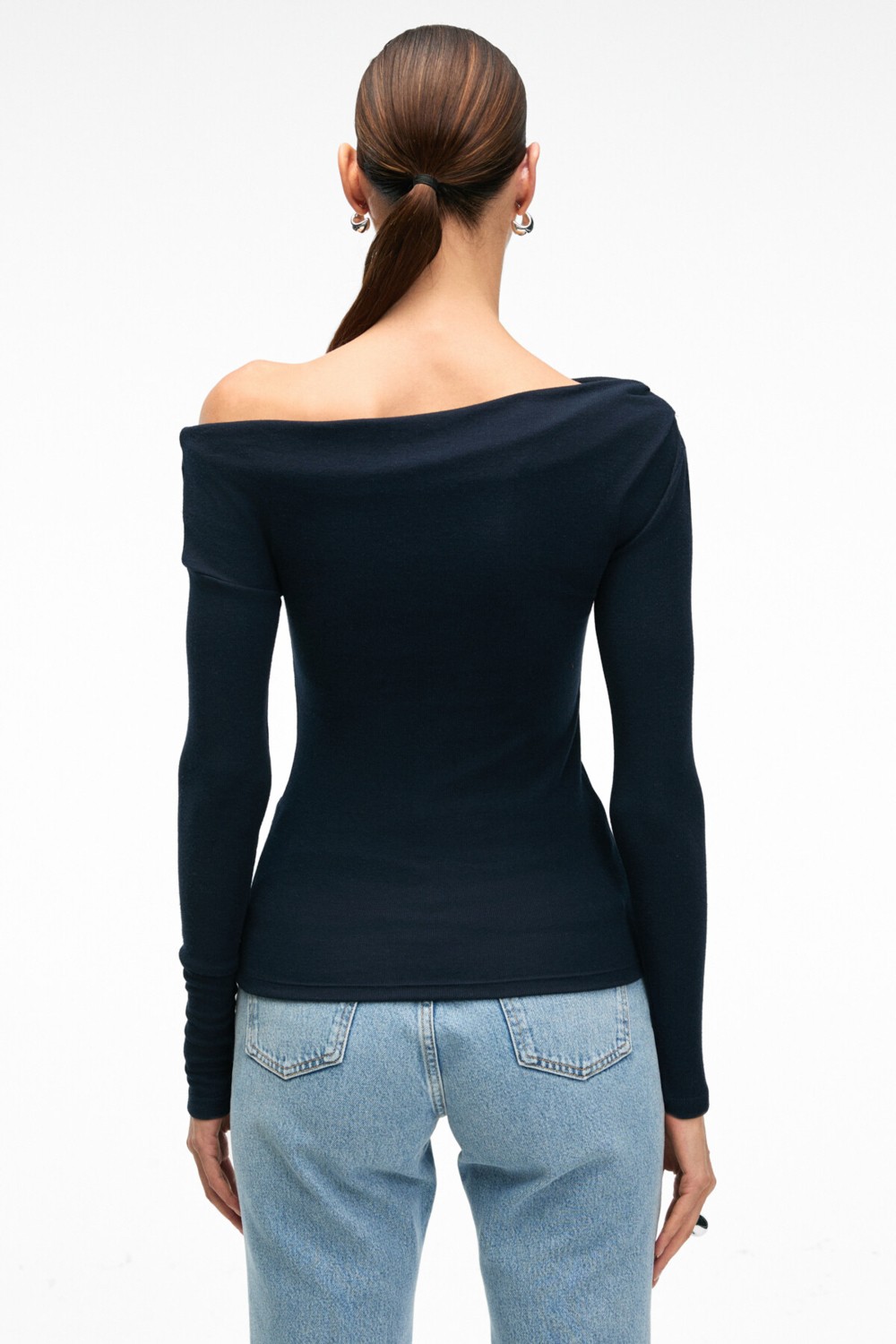 Grimelange OLIVIENN Kadın Omuzu Açık Asimetrik Yakalı Uzun Kollu Slim Fit Lacivert Bluz görsel 4