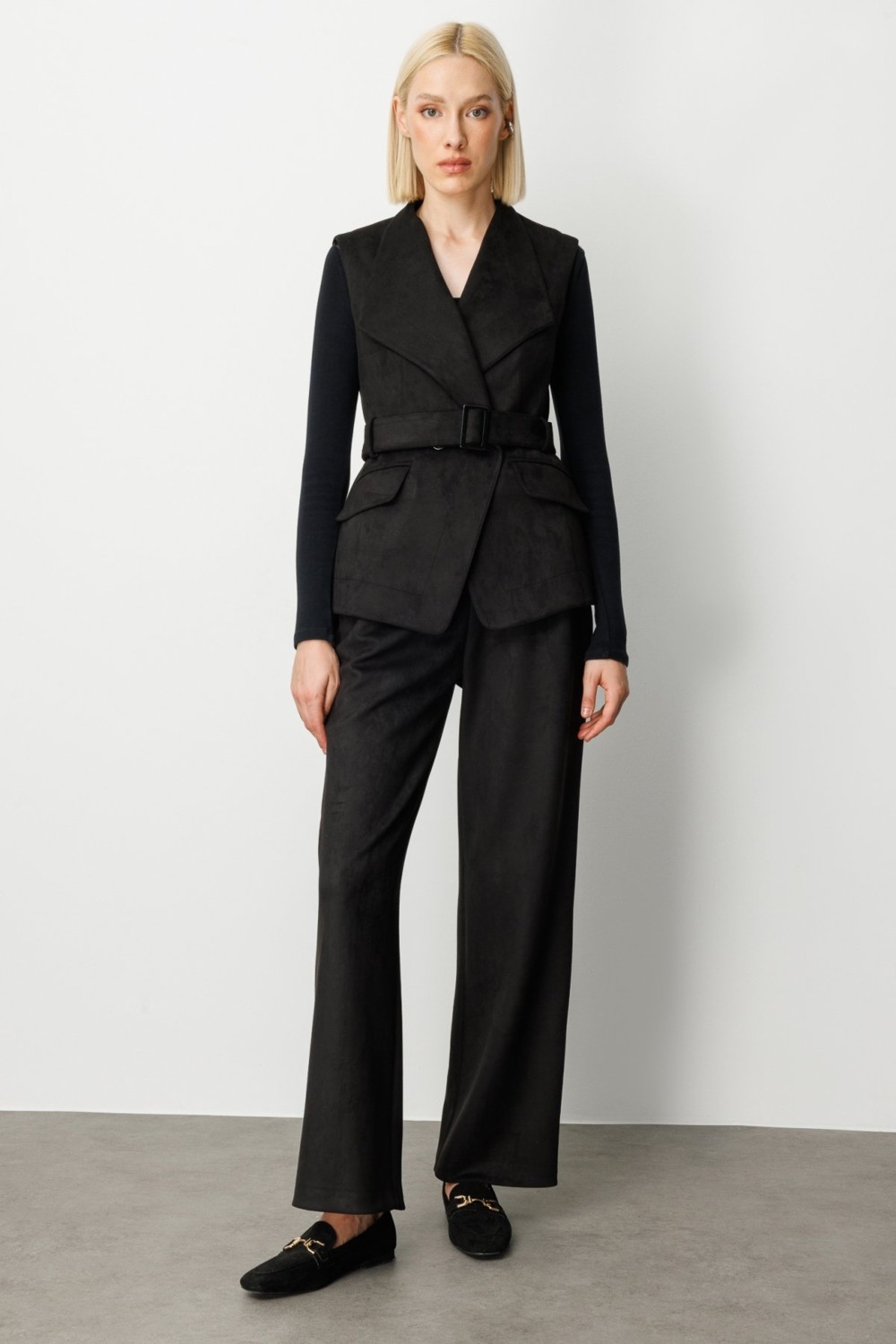 Ekol Kadın Beli Kemerli Kapak Cepli Yelek 5065 Siyah görsel 3