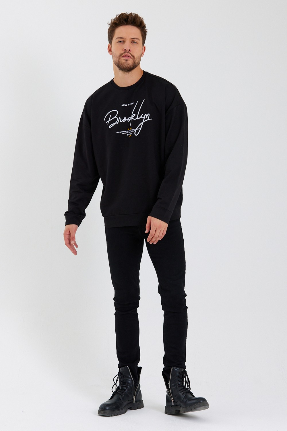 Superlife Süperlife Erkek Bisiklet Yaka Regular Fit El Yazılı Brooklyn Ince Sweatshirt SPR23SW331 görsel 8